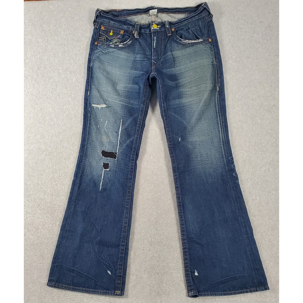 True Religion Billy Jeans Motor Psycho MD Wash Bootcut Distressed Mens 36x35